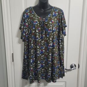 2 Dye 4 Olive Floral Tie-Neck Flutter Sleeve Tunic Top Sz 3X
